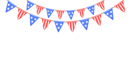 USA flag garland. US patriotic pennants chain. American party bunting decoration. United States flags for celebration. Vector background.