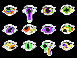 A set of 12 stickers of different psychedelic eyes. Psychedelics, surrealism