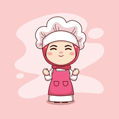Happy cute and kawaii hijab female chef or baker cartoon manga chibi vector character design