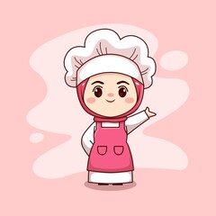 Happy cute and kawaii hijab female chef or baker cartoon manga chibi vector character design