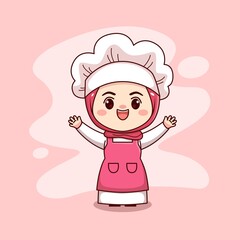 Happy cute and kawaii hijab female chef or baker cartoon manga chibi vector character design