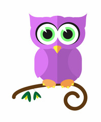 Purple owl. Owl on branches. Branch with olives. Coloring. Good morning. Good night. Sweet Dreams. Сute baby drawing. Owl sitting on the branch. Cute drawing for kids. Vector illustration.
