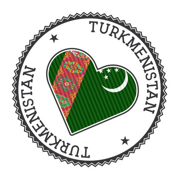 Turkmenistan heart badge. Vector logo of Turkmenistan with name of the country in Turkmen language. Modern Vector illustration.