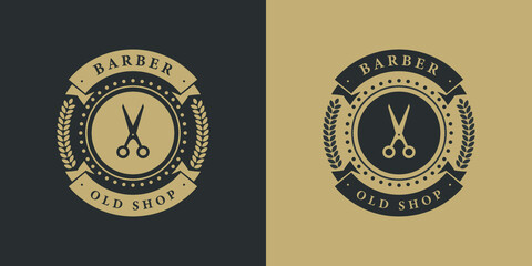 Fototapeta premium Retro vintage barber shop scissors symbol logo design