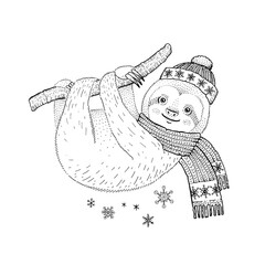Christmas sloth. Coloring book funny line animal. Merry Christmas baby animal icon. Line sketchillustration for cute apparel print. Cartoon sloth in scarf on tree branch. Happy lazy winter character © Olga Che