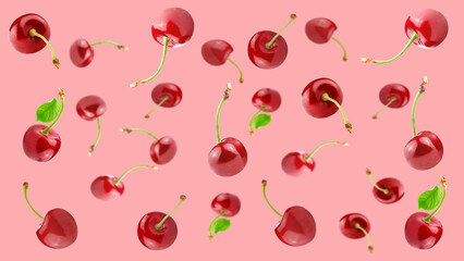 Falling cherry isolated on pastel pink background.