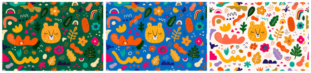 Colourful baby seamless patterns with leopard. Floral summer, childish seamless patterns
