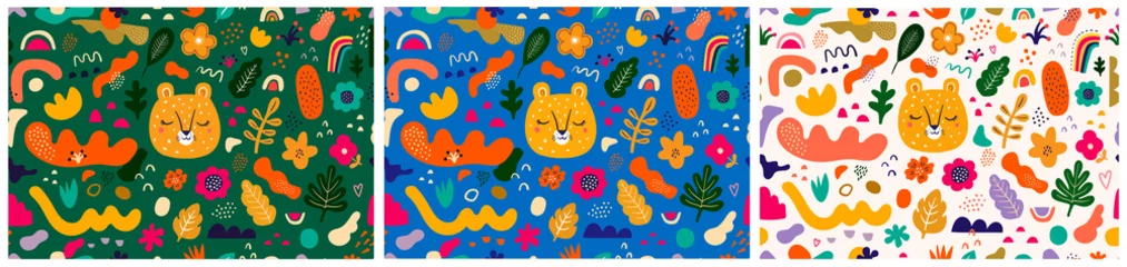 Fotobehang Kleurrijke baby naadloze patronen met luipaard. Bloemen zomer, kinderachtige naadloze patronen © moleskostudio