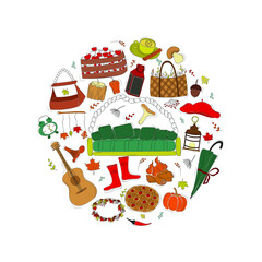 Autumn set, doodle elements - calligraphy, autumn leaves, mushrooms, wreath, cup of tea, guitar, umbrella, pie, fruits, vegetables and others. Vector illustration

