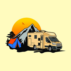 Obraz premium illustration of car camping car camping rv vector car vectpr camping logo