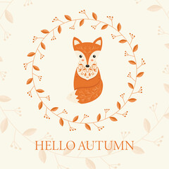 Cute Red Fox with Ornament on Wool Greeting Card Template Hello Autumn