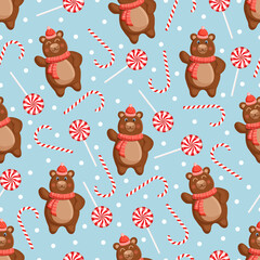 Seamless pattern with a forest brown winter bear in a hat and scarf with candies. Vector Christmas illustration for fabric, texture, wallpaper, poster, card. Editable elements. cartoon design.