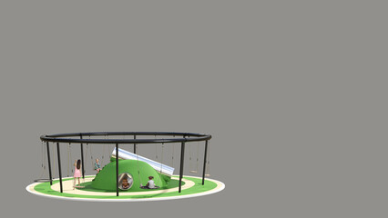3d rendering of a green playground with a tunnel and a swing