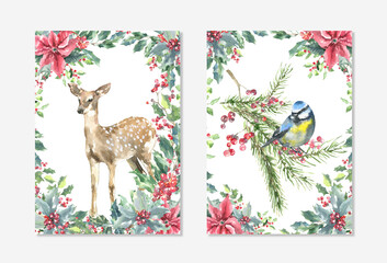 Merry Christmas watercolor cards set. Woodland forest animal illustration, Deer, fawn, bird,fir,spruce, frame,bouquet, greenery composition, berry, winter bird. New Year Greeting card,poster,postcard