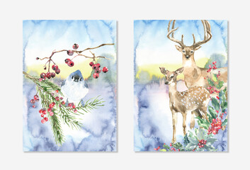 Merry Christmas watercolor cards set. Woodland forest animal illustration, Deer, fawn, bird,fir,spruce, frame,bouquet, greenery composition, berry, winter bird. New Year Greeting card,poster,postcard