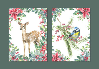 Merry Christmas watercolor cards set. Woodland forest animal illustration, Deer, fawn, bird,fir,spruce, frame,bouquet, greenery composition, berry, winter bird. New Year Greeting card,poster,postcard