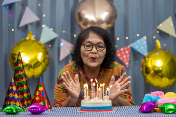 Celebrating elderly woman birthday, blowing candles on homemade baked cake, indoor. Birthday party for seniors woman