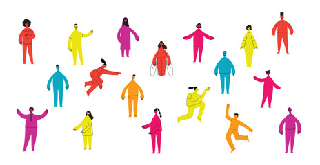 Group of people men, women are standing together. Concept of diversity, equality, tolerance, multicultural society. Vector set of multicultural people.