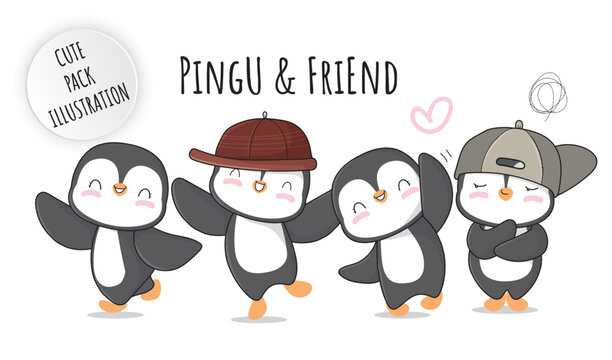 Flat cute penguin family on the snow illustration set