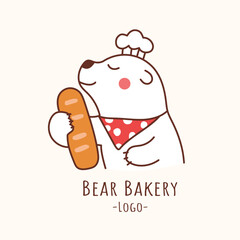 cute polar bear holding a bread for logo of bakery.