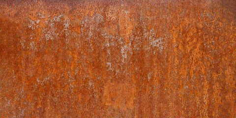 Panoramic rusty and oxidized metal sheet, old copper texture background