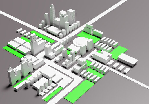 City map. Streets of city with voluminous buildings. Three-dimensional city block. Town minimalistic layout. Concept of creating 3d models of cities. Small town layout on gray. 3d rendering.