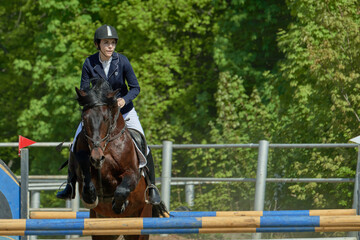 A young woman performs a sports race on a horse on a sunny summer day.