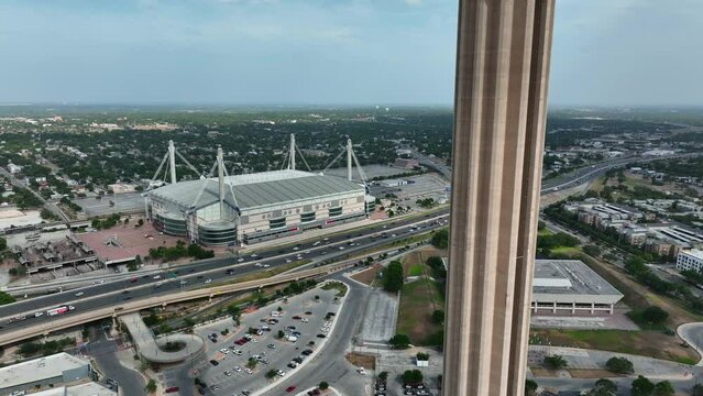 San Antonio Texas. Rising aerial of Convention Center and Tower of the Americas.