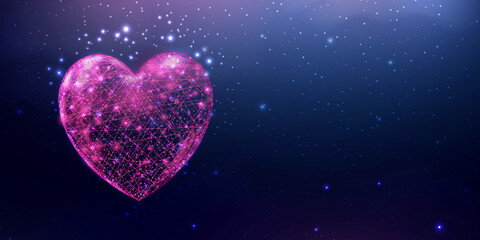 Wireframe pink heart, low poly style. Abstract modern 3d vector illustration on dark blue background.