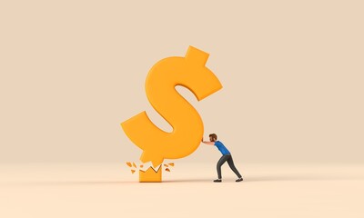 Businessman trying to hold up a dollar currency symbol. 3d rendering