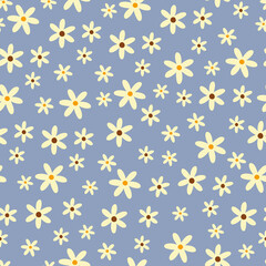 Cute blue floral seamless pattern. Botanical vector print with daisies. Textile background with flowers.	