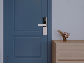 Digital door lock systems for good safety of home apartment door. Digital door handle with blue door panel.