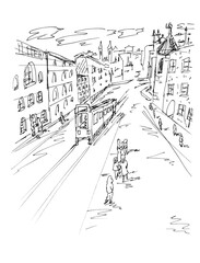 Sketch of old style city street with buildings and tram, people in black and white colors