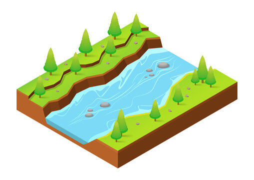 isometric river with trees
