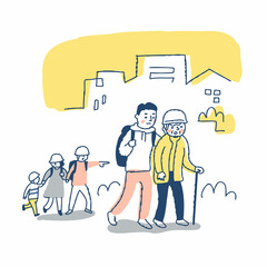 徒歩で避難所へ向かう家族