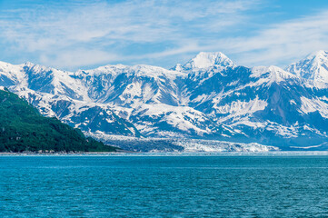 A view down Disenchartment Bay toward the Valerie Glacier, Alaska in summertime