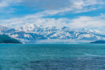 A view down Disenchartment Bay towards the Hubbard Glacier, Alaska in summertime