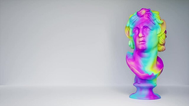 Still life picture frame mock up, bust of an antique statue with multi-colored animated noise stains on the surface, colorful motley modern pattern