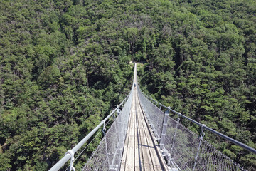 unrecognizable people on Tibetan bridge