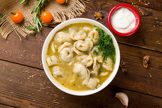 Dumplings in the soup chuchvara Uzbek cuisine top view