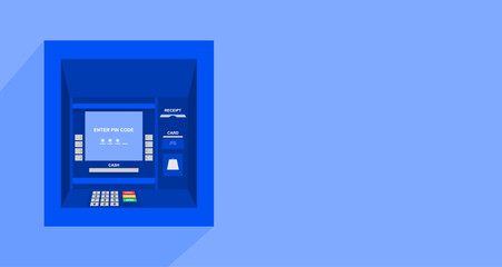 Blue ATM on blue background with copy space. Vector illustration
