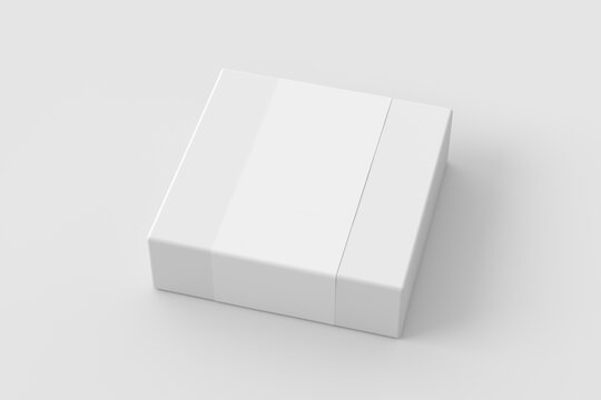 Square Box Mock Up With Blank Paper Cover Label: White Gift Box On White Background. Side View.