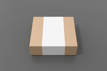Square box mock up with blank paper cover label: Cardboard gift box on gray background. Front view.