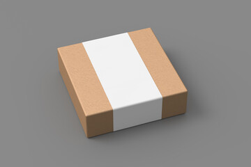 Square box mock up with blank paper cover label: Cardboard gift box on gray background. Side view.