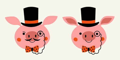 Funny cartoon style vector illustration set of capitalist pig caricature. Rich piggy boss with mustache, monocle and top hat. Graphic print design collection with farm animal © julymilks
