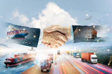 International partnership logistics import export transport concept of handshake with global business network distribution and shipping freight delivery service, Successful investment partners deal - obrazy, fototapety, plakaty