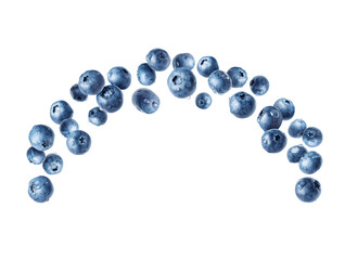 Wet blueberries in the air closeup isolated on a white background
