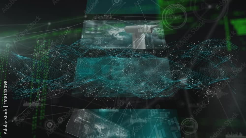 Aufkleber animation of network of connections with icons and data on moving screens over black background