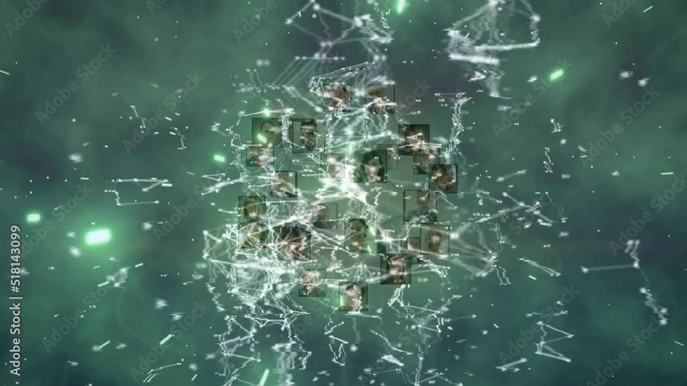 Poster animation of network of connections with user photos over green background