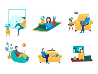 People with laptop set. Freelance or studying concept. Homework, work at home. Cute illustration in flat style.